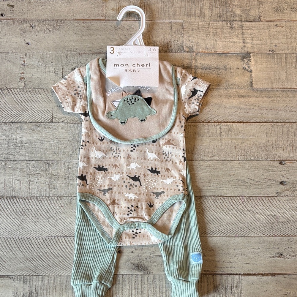 Mon Cheri Dino Print Bodysuit - Green and Tan